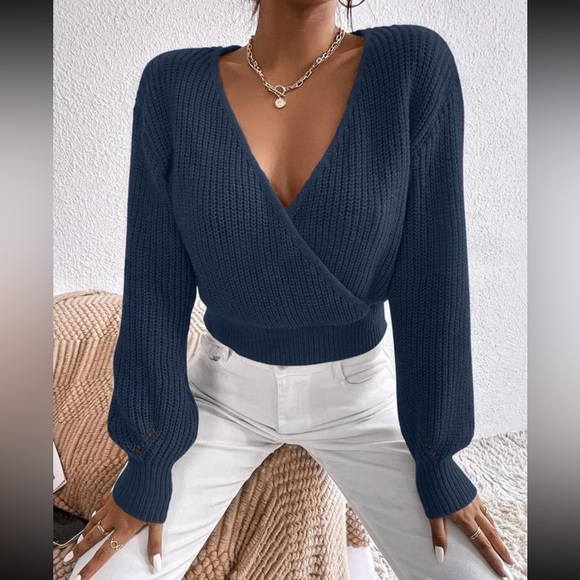 Luxe navy blue surplice neck knit sweater